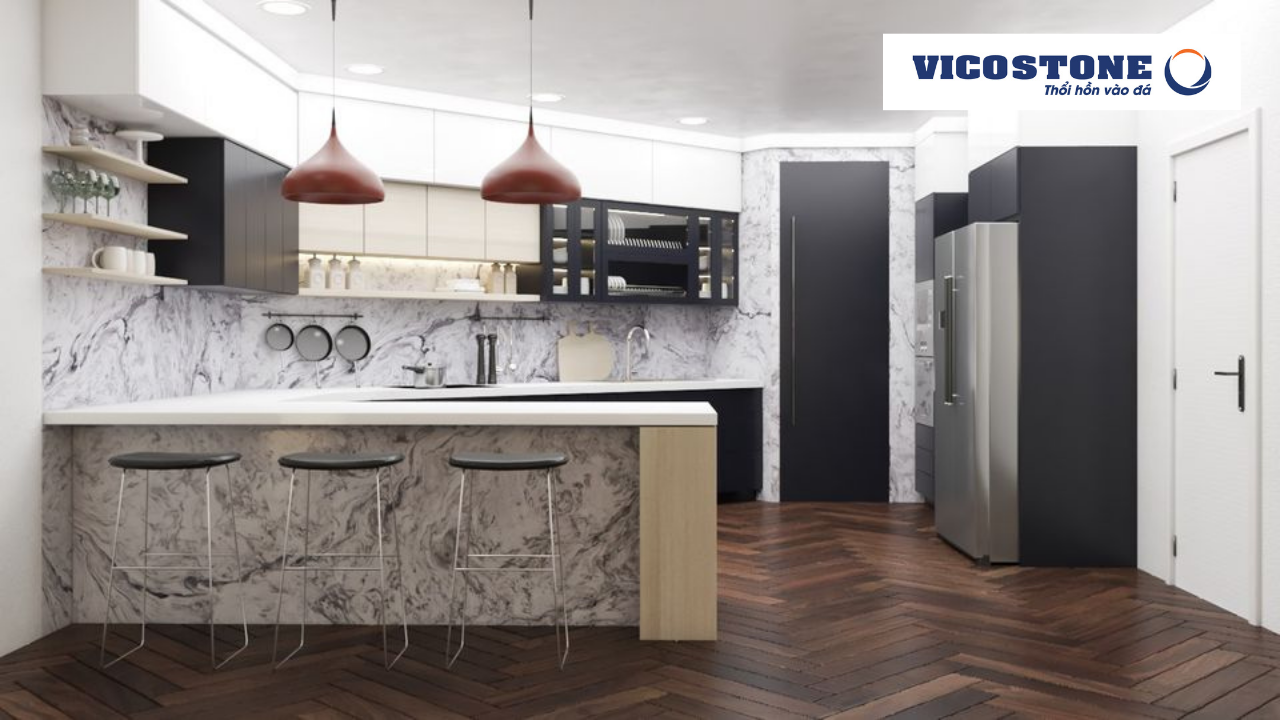 Đá Vicostone White Fusion- BQ8825 tạo điểm nhấn cho căn bếp theo phong cách tối giản