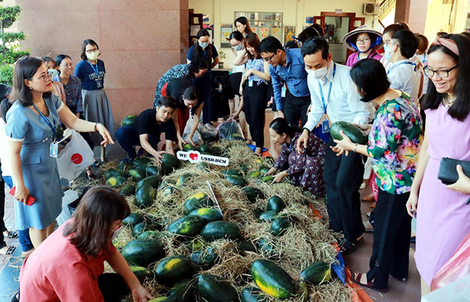 Đoàn thể trường ĐH Khoa học xã hội và Nhân Văn đã thu mua hơn 1,3 tấn dưa hấu để chia sẻ khó khăn cùng nông dân tỉnh Gia Lai - Ảnh: Nhật Thịnh