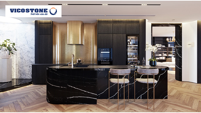 Đá Vicostone có chất lượng quốc tế với cốt liệu thạch anh tinh túy đạt độ cứng 7/10 so với kim cương(Nguồn: Vicostone – Mẫu Naro Marquina)