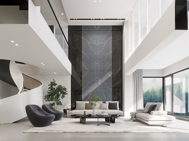 Không gian phòng khách trở nên ấn tượng với thiết kế bookmatch khớp tới từng chi tiết của đá ốp tường VICOSTONE CEMENTO tạo nên vẻ đẹp phóng khoáng, mạnh mẽ nhưng không kém phần sang trọng.