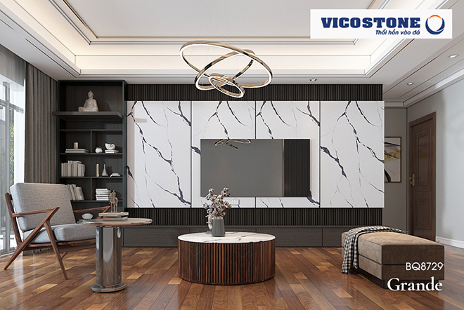 Với những đường vân màu xám tối đan xen vào nhau tương phản hoàn toàn với nền màu trắng cẩm thạch, đá VICOSTONE GRANDE mô phỏng hình ảnh những cành cây lớn vươn ra tạo nên điểm nhấn mỹ thuật cho không gian phòng khách.