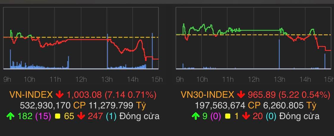 VN-Index giảm 7,14 điểm (0,71%) xuống 1.003,08 điểm
