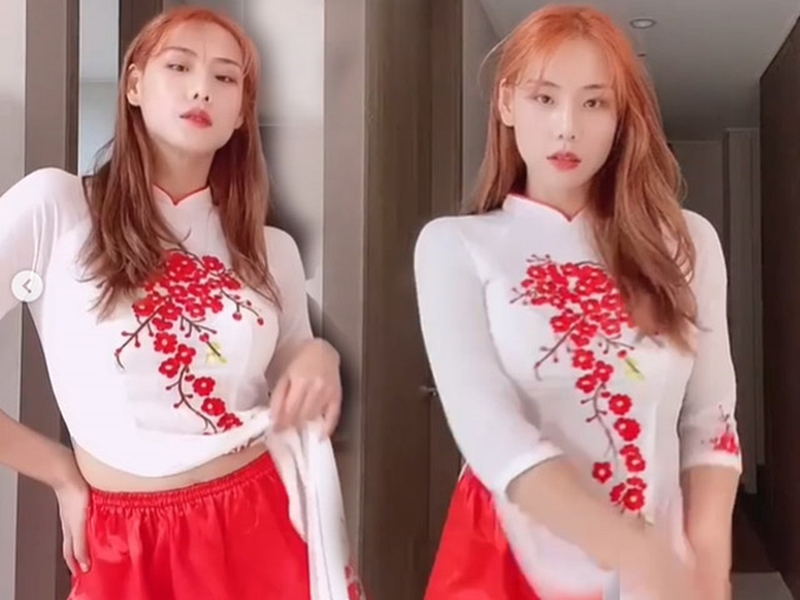 Nàng mẫu béo Jeon Boram diện trang phục áo dài đỏ quay video nhảy gợi cảm.