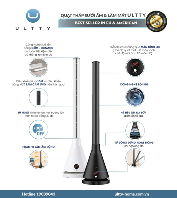 Quạt tháp sưởi ấm và làm mát Ultty là sản phẩm Best-seller tại châu Âu – Mỹ năm 2019