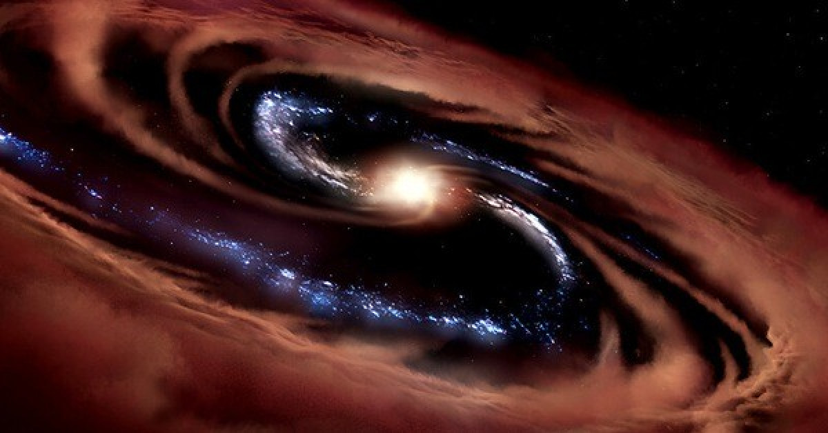 Ảnh đồ họa mô tả một lỗ đen phát sáng như ngôi sao khi đang nuốt vật chất từ một thiên hà - Ảnh: NASA/ Daniel Rutter