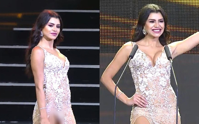 Đại diện của Ai Cập tại 'Hoa hậu Hòa bình 2019' khoe vóc dáng nóng bỏng với đầm dạ hội có chi tiết xẻ đùi quyến rũ nhưng gây sự cố trong lúc người đẹp di chuyển. 
