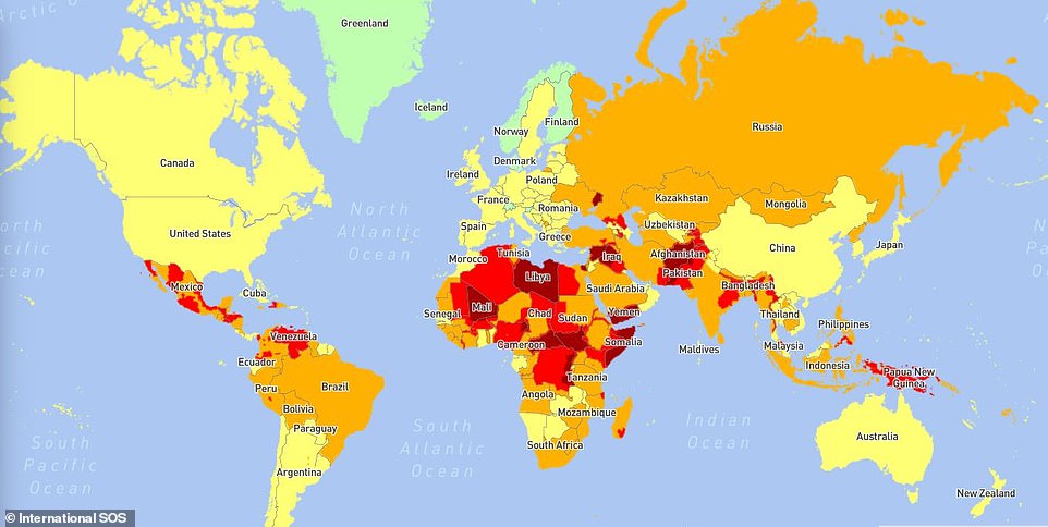 Bản đồ này cho thấy các quốc gia có rủi ro an ninh cao nhất và thấp nhất, với những quốc gia có rủi ro không đáng kể được đánh dấu bằng màu xanh lục nhạt, các quốc gia có rủi ro thấp được đánh dấu bằng màu vàng, trung bình là màu cam, cao màu đỏ và cực đoan, chẳng hạn như Libya, màu đỏ sẫm.