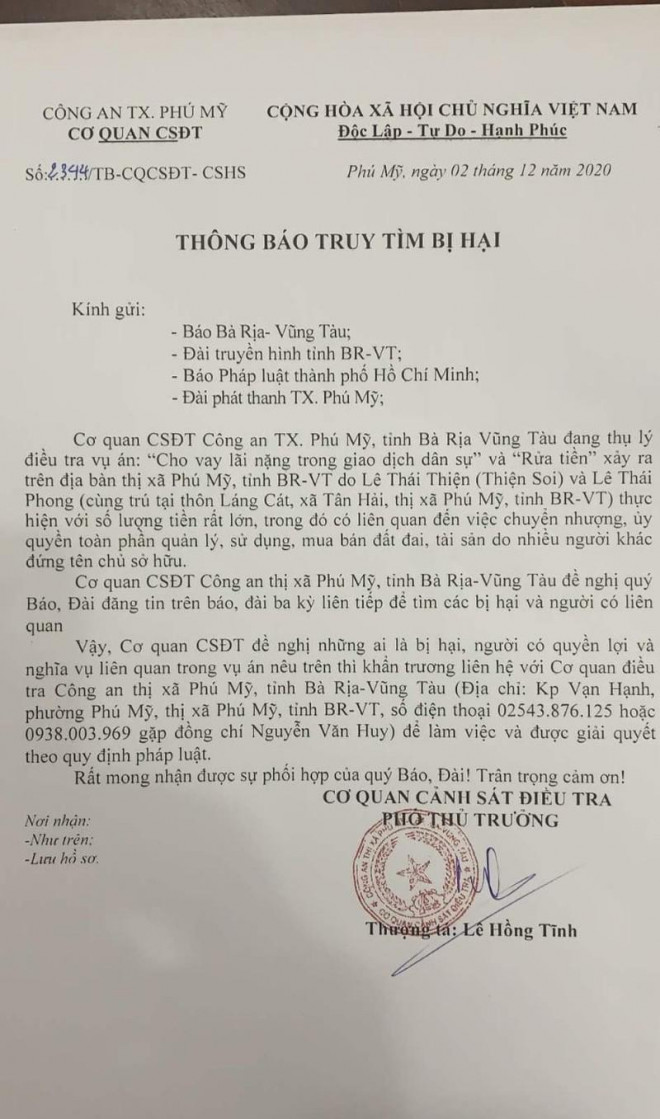 Thông báo tìm bị hại của Công an thị xã Phú Mỹ.