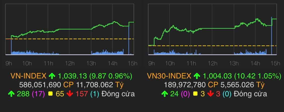VN-Index tăng 9,87 điểm (0,96%) lên 1.039,13 điểm