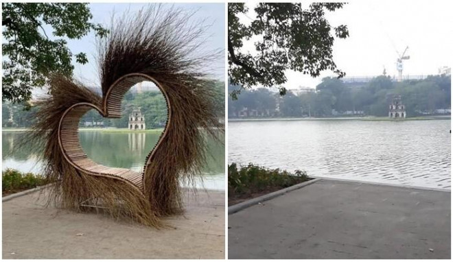 Hình trái tim tua rua ở bờ hồ Hoàn Kiếm hiện đã được mang đi