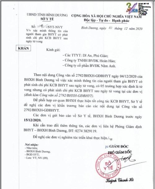 Sở Y tế Bình Dương chỉ đạo làm rõ việc người chết vẫn phát sinh phí khám, chữa bệnh