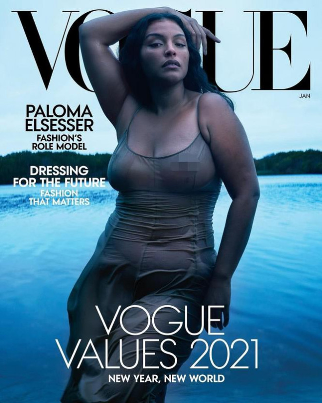 Mẫu nữ da màu ngoại cỡ mặc váy mỏng tang cực gợi cảm trên bìa Vogue - 1