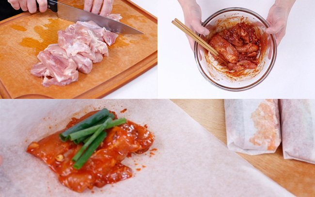 Sau đó, thả gà đã được bọc giấy nến vào chảo và chiên như bình thường.