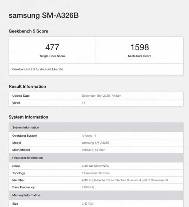 Điểm hiệu năng Geekbench của&nbsp;Galaxy A32 5G.