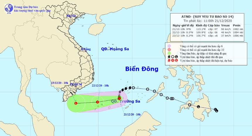 Vị trí và hướng di chuyển tiếp theo của áp thấp nhiệt đới suy yếu từ bão số 14. (Ảnh: Trung tâm Dự báo KTTVQG)