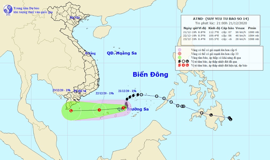 Vị trí và hướng di chuyển tiếp theo của áp thấp nhiệt đới suy yếu từ bão số 14 (Ảnh: Trung tâm Dự báo KTTVQG)