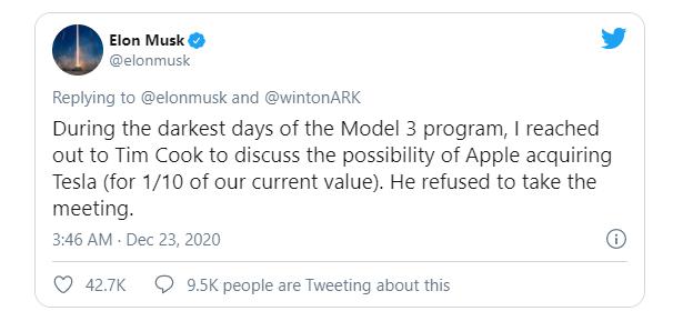 Elon Musk đã cố bán Tesla cho Apple với giá 60 tỷ USD, nhưng Tim Cook từ chối - 1