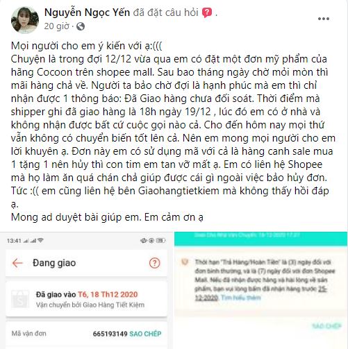Đặt mua mỹ phẩm từ 12/12, cô gái vẫn chưa nhận được hàng. Ảnh chụp màn hình.