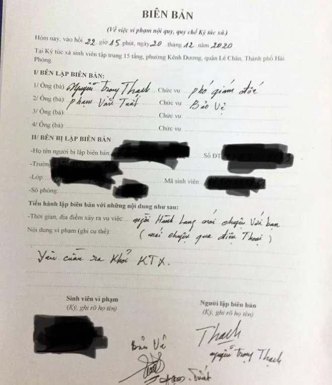 Biên bản vi phạm nội quy của ký túc xá về việc nữ sinh L.T.T nghe điện thoại ở hành lang.