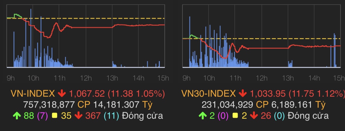 VN-Index giảm 11,38 điểm (-1,05%) xuống 1.067,52 điểm.