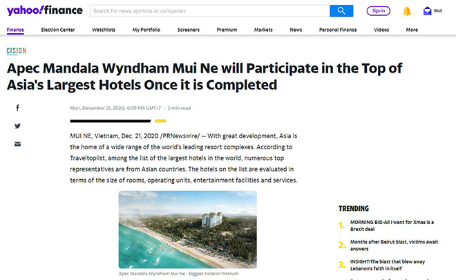 Yahoo! Finance đưa tin về khách sạn Apec Mandala Wyndham Mũi Né của Việt Nam