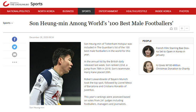 Son Heung Min được báo chí quê nhà ca ngợi sau khi lọt top 100 cầu thủ hay nhất thế giới