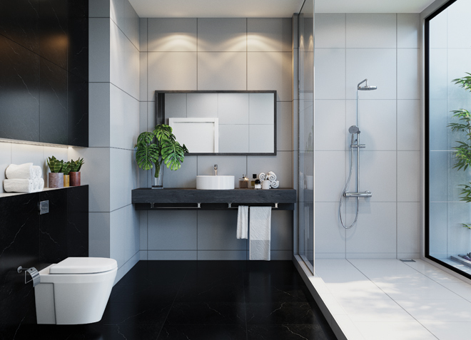 Phòng tắm thoáng mát và thân thiện hơn khi được trang trí thêm yếu tố cây xanh. Ảnh: Häfele.