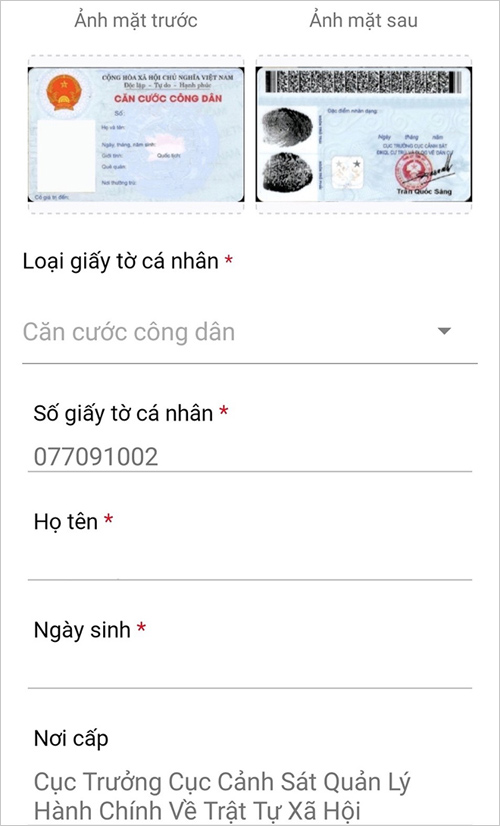 Có thể chụp ảnh CCCD để ứng dụng tự động điền thông tin