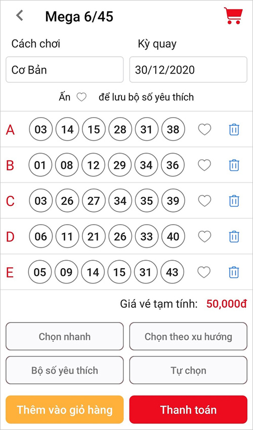 Giao diện chọn số và đặt vé rất tiện dụng.