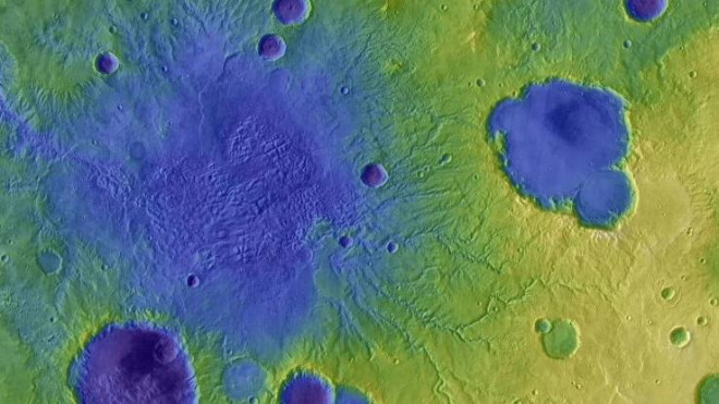 Bề mặt Sao Hỏa vẫn còn dấu tích của những miệng hố va chạm khổng lồ bị vỡ, thứ đã tạo nên ''đại hồng thủy'' giúp cảnh quan trở nên y như Trái Đất - Ảnh: NASA