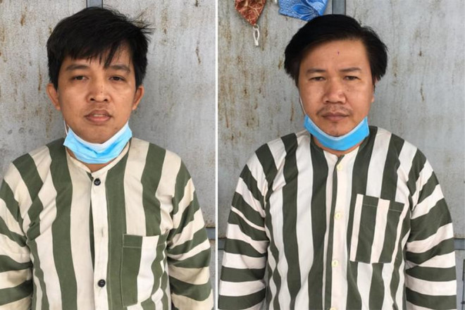 Thảo (bên trái) và Thừa tại cơ quan điều tra. Ảnh CA