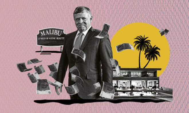 Vua Abdullah II được cho là đã dành nhiều thập kỷ qua để xây dựng một đế chế bất động sản cao cấp quốc tế trị giá hơn 100 triệu USD. Hình minh họa: Guardian Design