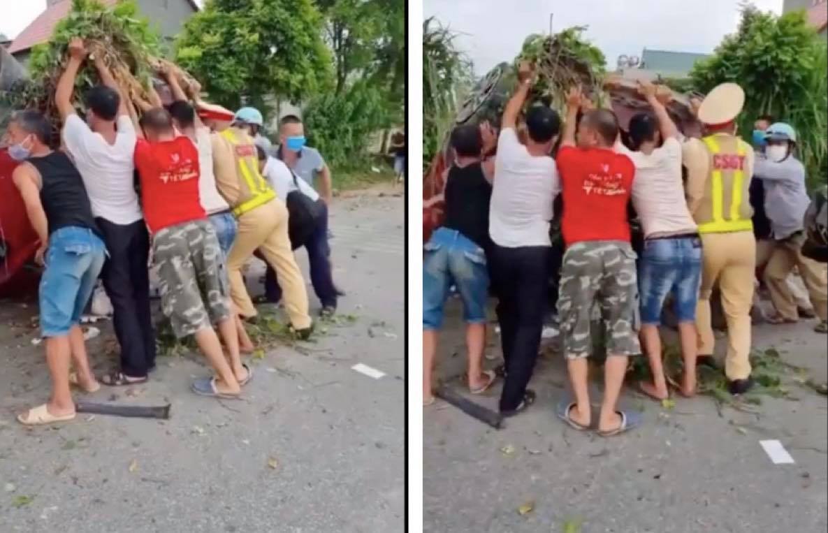Người dân và lực lượng chức năng đưa các nạn nhân ra ngoài