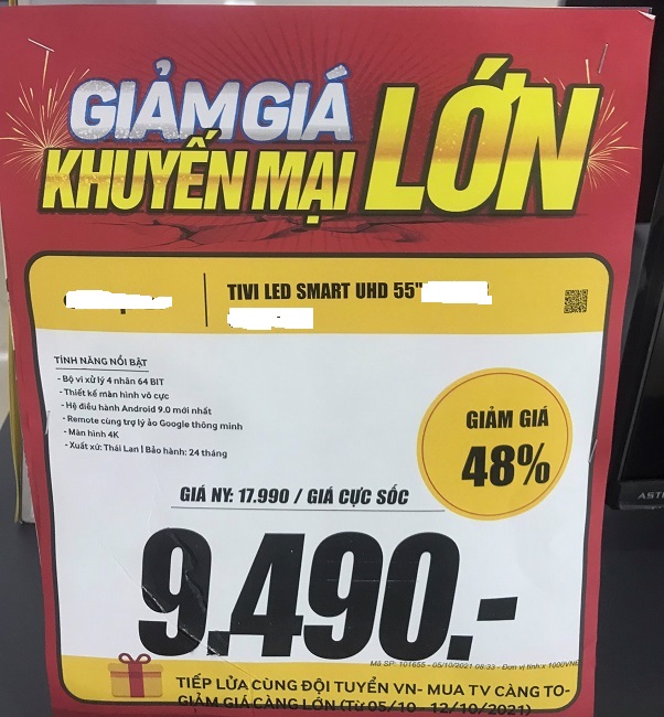 Tivi 55 inch giảm giá chỉ còn hơn 9 triệu đồng.