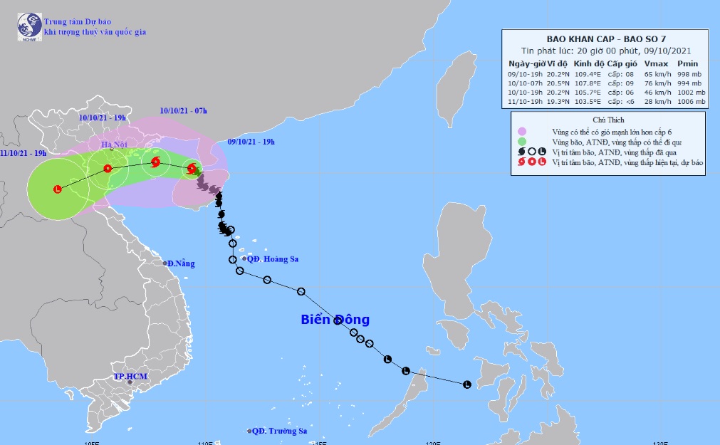 Vị trí và hướng di chuyển tiếp theo của bão số 7 Lionrock. Ảnh: Trung tâm Dự báo KTTVQG.