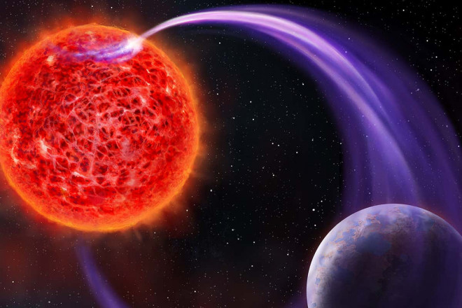 Tương tác giữa sao lùn đỏ và hành tinh của nó có thể là thủ phạm tạo nên các tín hiệu vô tuyến bí ẩn - Ảnh: NEW SCIENTIST
