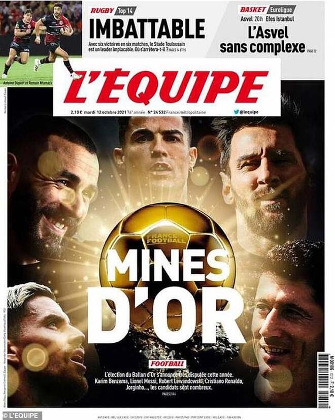 Trang bìa nhật báo Pháp L'Equipe số ra sáng thứ Ba (12/10) tiết lộ 5 ứng cử viên sáng giá nhất đua tranh "Quả bóng vàng 2021"