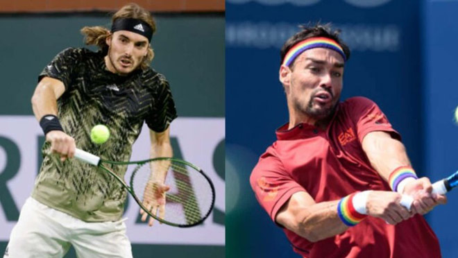 Hạt giống số 2 Tsitsipas (trái) "bừng tỉnh" đúng lúc sau khi thua hạt giống số 25&nbsp;Fognini ở set 1