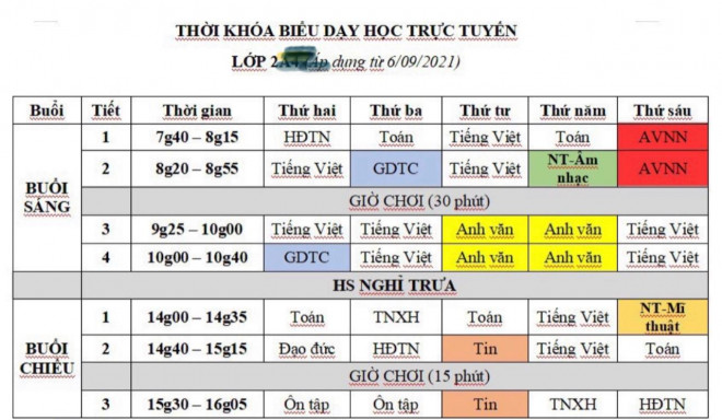 Lịch học trực tuyến lớp 2 của Trường Tiểu học - THCS - THPT Trương Vĩnh Ký (quận 11, TP HCM)
