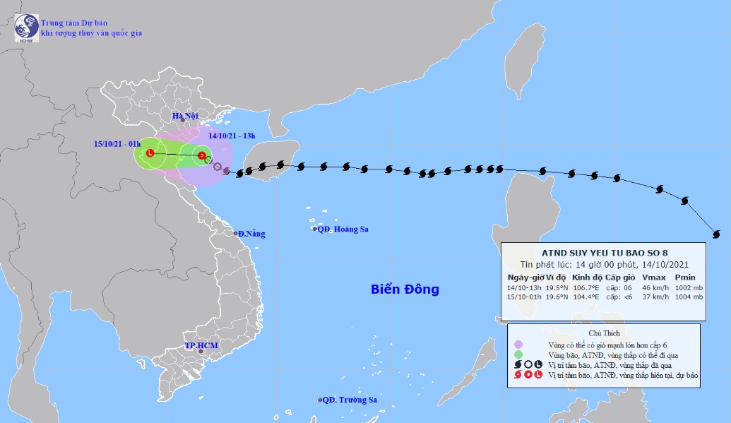 Vị trí và hướng di chuyển tiếp theo của áp thấp nhiệt đới suy yếu từ bão số 8. Ảnh: Trung tâm Dự báo KTTVQG.