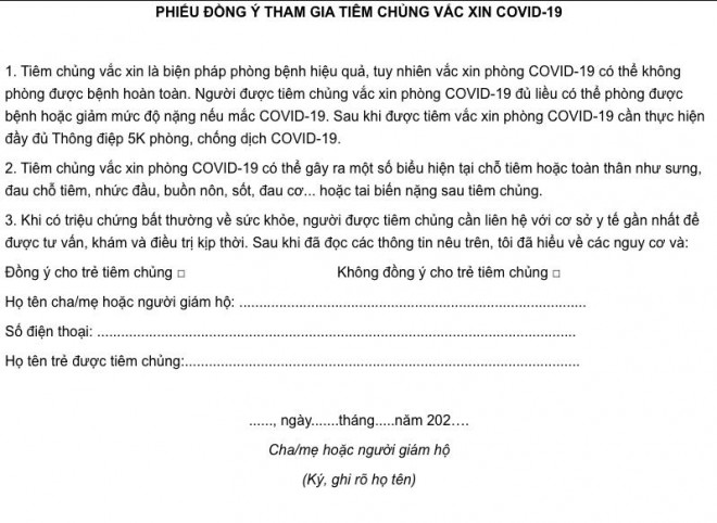 Cha mẹ, người giám hộ thực hiện ký phiếu đồng ý tiêm chủng (nếu đồng ý tiêm chủng cho đối tượng này) theo mẫu.