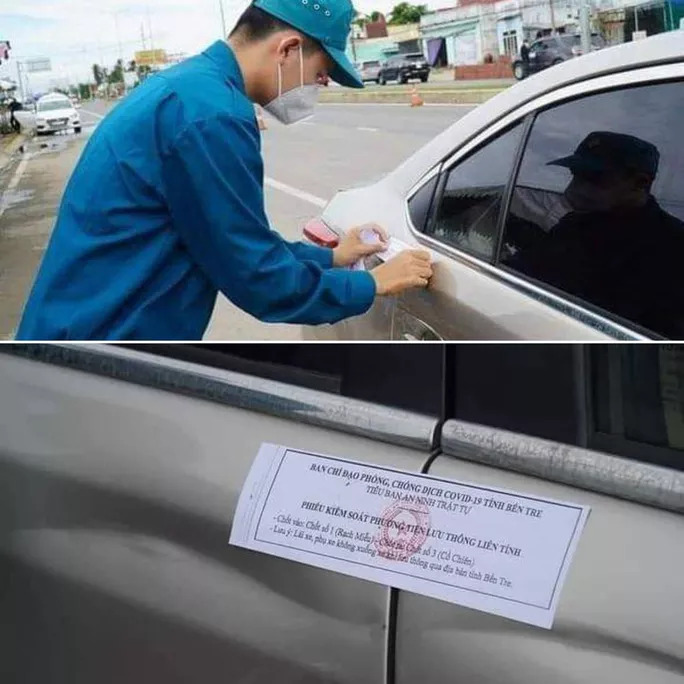 Hình ảnh dán niêm phong cửa ô tô tại chốt cầu Rạch Miễu lan tràn trên mạng xã hội. Ảnh: FB