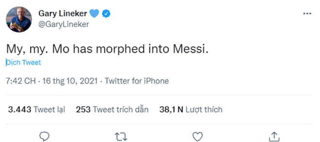 Cựu danh thủ bóng đá Anh Gary Lineker ví bàn thắng độc diễn của Salah mang hình bóng của Messi