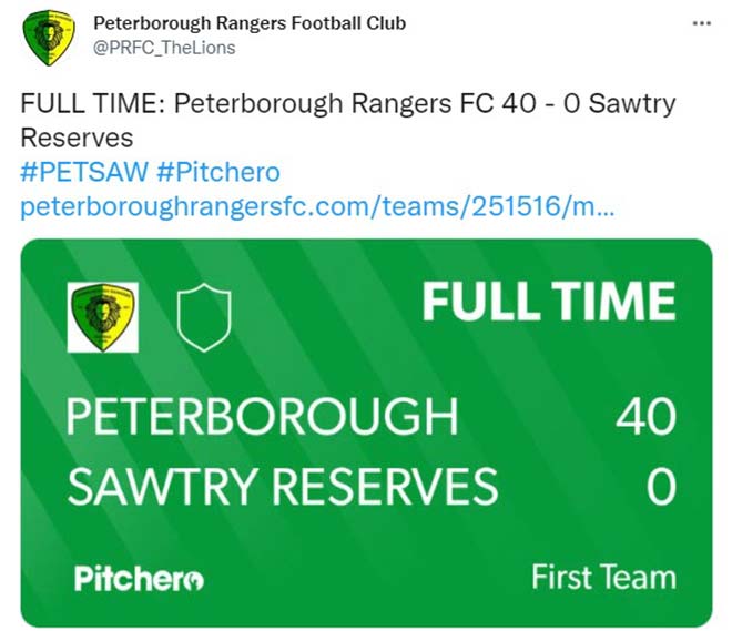 Peterborough Rangers FC có chiến thắng đậm nhất trong năm 2021 với tỷ số 40-0