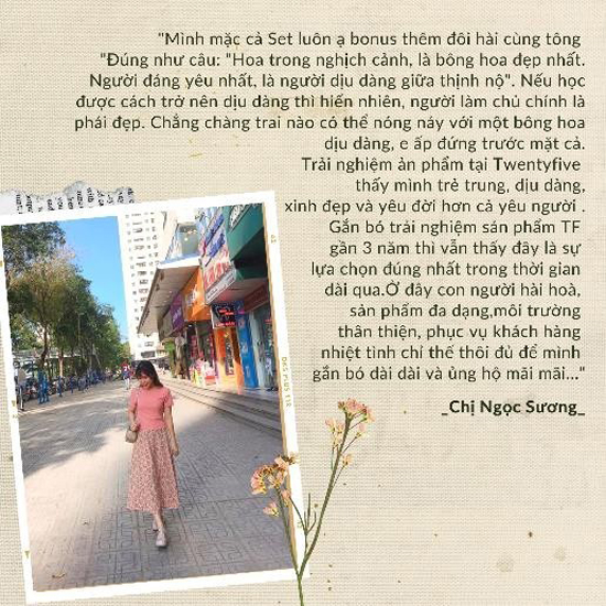 Chị Ngọc Sương chia sẻ về sự hài lòng của mình đối với những sản phẩm đa dạng, môi trường thân thiện của TF.