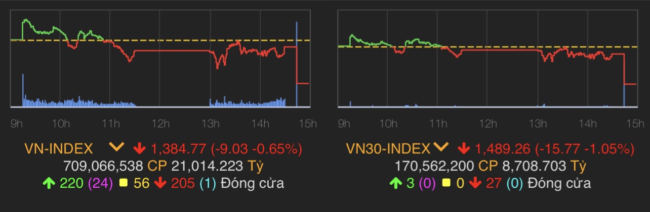 VN-Index giảm 9,03 điểm (0,65%) còn 1.384,77 điểm.
