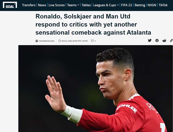 Tờ Goal lấy hình ảnh của Ronaldo lên trang nhất với những lời ngợi khen