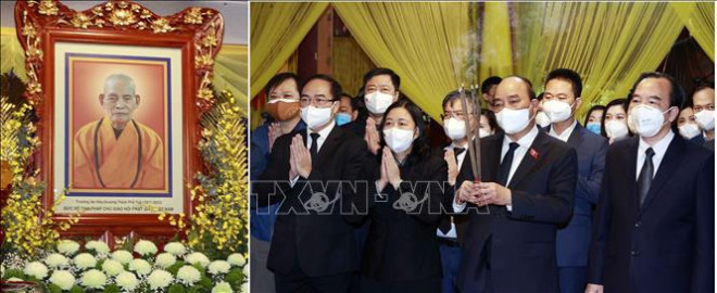 Chủ tịch nước Nguyễn Xuân Phúc viếng Đại lão Hòa thượng Thích Phổ Tuệ - Ảnh: TTXVN