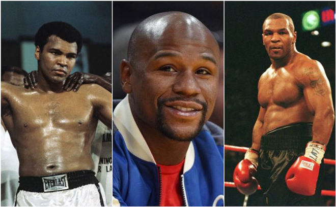 Mayweather (giữa) vượt 2 huyền thoại hạng nặng Ali (trái) và Tyson (phải)