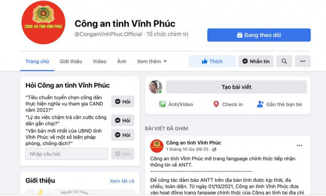 Fanpage của Công an tỉnh Vĩnh Phúc.